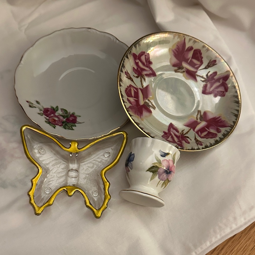 Vintage Gardencore Floral trinket trays, with Butterfly crystal & dainty egg cup